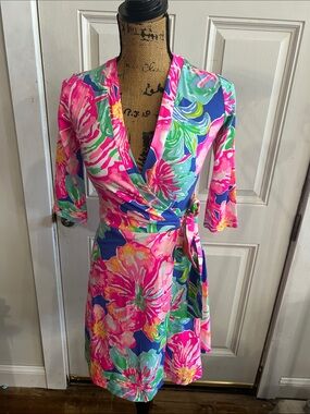 Lilly Pulitzer Pink, Blue & Green Floral Wrap Midi Dress